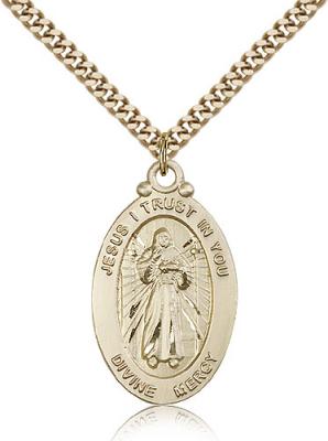 Gold Filled Divine Mercy Pendant, Stainless Gold Heavy Curb Chain, 1 1/8" x 5/8"