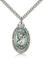 Sterling Silver St. Christopher Pendant, Stainless Silver Heavy Curb Chain, 1 1/8" x 5/8"