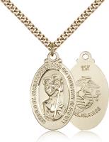 Gold Filled St. Christopher Marines Pendant, Stainless Gold Heavy Curb Chain, 1 1/8" x 5/8"