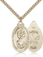 Gold Filled St. Christopher National Guard Pendant, Stainless Gold Heavy Curb Chain, 1 1/4" x 5/8"