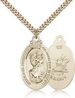 Gold Filled St. Christopher Navy Pendant, Stainless Gold Heavy Curb Chain, 1 1/8" x 5/8"