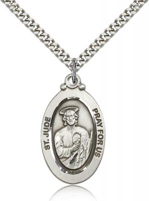 Sterling Silver St. Jude Pendant, Stainless Silver Heavy Curb Chain, 1 1/8" x 5/8"