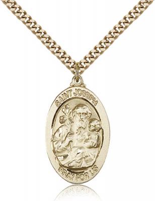 Gold Filled St. Joseph Pendant, Stainless Gold Heavy Curb Chain, 1 1/8" x 5/8"