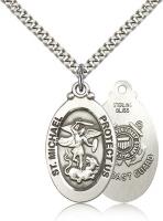 Sterling Silver St. Michael / Coast Guard Pendant, Stainless Silver Heavy Curb Chain, 1 1/8" x 5/8"