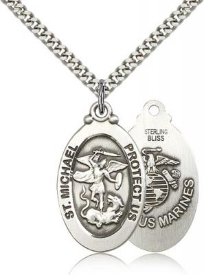 Sterling Silver St. Michael / Marines Pendant, Stainless Silver Heavy Curb Chain, 1 1/8" x 5/8"