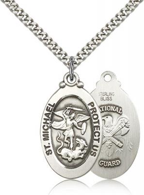 Sterling Silver St. Michael / Nat'l Guard Pendant, Stainless Silver Heavy Curb Chain, 1 1/8" x 5/8"