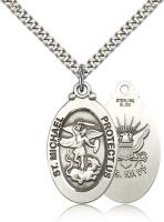 Sterling Silver St. Michael / Navy Pendant, Stainless Silver Heavy Curb Chain, 1 1/8" x 5/8"