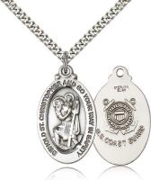 Sterling Silver St. Christopher Coast Guard Pendant, Stainless Silver Heavy Curb Chain, 1 1/8" x 5/8"