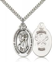 Sterling Silver St. Christopher National Guard Pendant, Stainless Silver Heavy Curb Chain, 1 1/8" x 5/8"