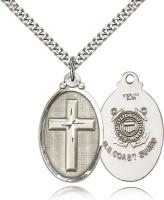 Sterling Silver Cross / Coast Guard Pendant, Stainless Silver Heavy Curb Chain, 1 1/4" x 5/8"