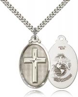 Sterling Silver Cross / Marines Pendant, Stainless Silver Heavy Curb Chain, 1 1/4" x 5/8"