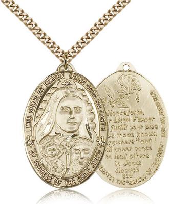 Gold Filled St. Therese Pendant, Stainless Gold Heavy Curb Chain, 1 3/8" x 1"