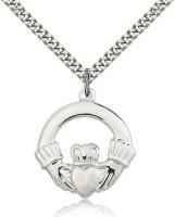 Sterling Silver Claggagh Pendant, Stainless Silver Heavy Curb Chain, 1" x 1"