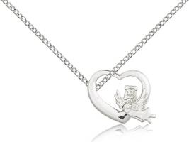 Sterling Silver Heart / Guardian Angel Pendant, Sterling Silver Lite Curb Chain, 1/2" x 5/8"