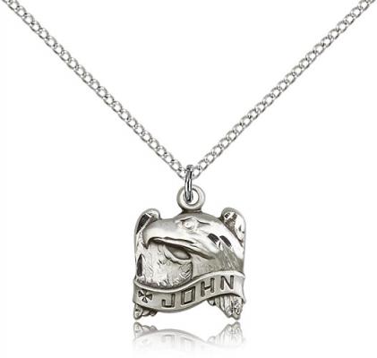 Sterling Silver St. John Pendant, Sterling Silver Lite Curb Chain, 5/8" x 1/2"