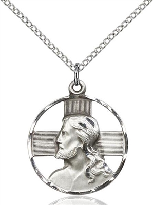 Sterling Silver Head of Christ Pendant, Sterling Silver Lite Curb Chain, 7/8" x 3/4"