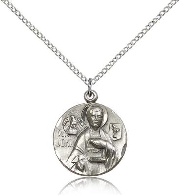 Sterling Silver St. John the Evangelist Pendant, Sterling Silver Lite Curb Chain, 3/4" x 5/8"