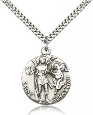 Sterling Silver St. Sebastian Pendant, Stainless Silver Heavy Curb Chain, 1" x 7/8"