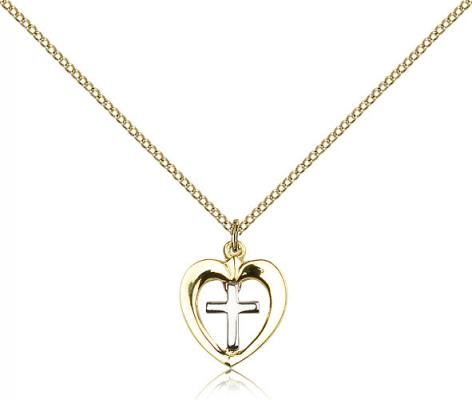 Two-Tone SS/GF Heart / Chalice Pendant, Gold Filled Lite Curb Chain, 5/8" x 1/2"