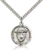 Sterling Silver Blessed Damian of Molokai Pendant, Stainless Silver Heavy Curb Chain, 7/8" x 3/4"