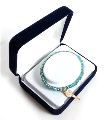 Saint Benedict Key Charm Blue/Gold Bead Bracelet