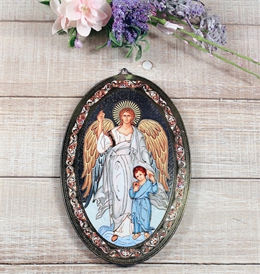 Guardian Angel and Child in Blue Icon Plaque
