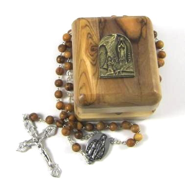 Our Lady of Lourdes Olive Wood Box with Relic Rosary