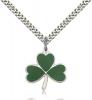 Sterling Silver Shamrock Pendant, Stainless Silver Heavy Curb Chain, 3/4" x 3/4"