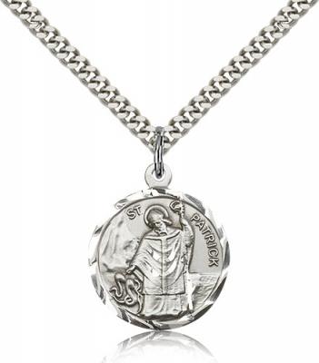 Sterling Silver St. Patrick Pendant, Stainless Silver Heavy Curb Chain, 7/8" x 3/4"