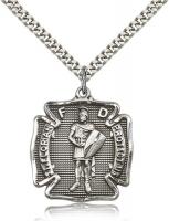 Sterling Silver St. Florian Pendant, Stainless Silver Heavy Curb Chain, 1 1/8" x 1"