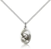 Sterling Silver Madonna & Child Pendant, Sterling Silver Lite Curb Chain, 5/8" x 3/8"