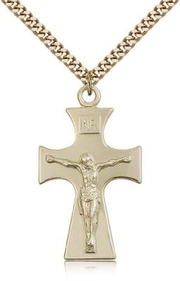 Gold Filled Celtic Crucifix Pendant, Stainless Gold Heavy Curb Chain, 1 1/2" x 7/8"