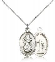 Sterling Silver Our Lady of Medugorje Pendant, Sterling Silver Lite Curb Chain, 7/8" x 1/2"