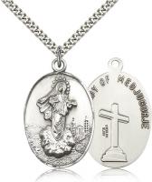 Sterling Silver Our Lady of Medugorje Pendant, Stainless Silver Heavy Curb Chain, 1 3/8" x 7/8"