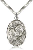 Sterling Silver Miraculous Pendant, Stainless Silver Heavy Curb Chain, 1 3/8" x 7/8"