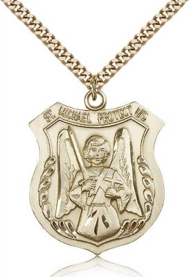Gold Filled St. Michael the Archangel Pendant, Stainless Gold Heavy Curb Chain, 1 3/8" x 1 1/8"