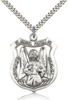 Sterling Silver St. Michael the Archangel Pendant, Stainless Silver Heavy Curb Chain, 1 3/8" x 1 1/8"