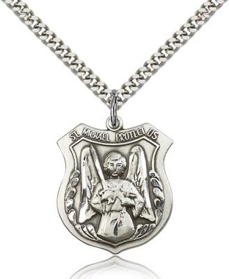 Sterling Silver St. Michael the Archangel Pendant, Stainless Silver Heavy Curb Chain, 1" x 7/8"