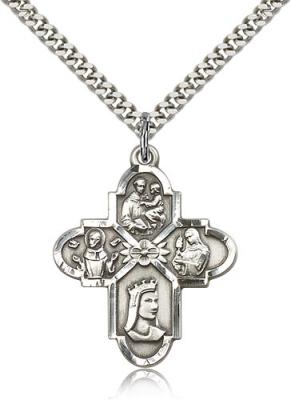 Sterling Silver Franciscan 4-Way Pendant, Stainless Silver Heavy Curb Chain, 1 1/4" x 1"