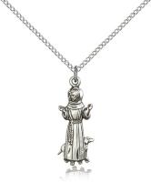 Sterling Silver St. Francis Pendant, Sterling Silver Lite Curb Chain, 1" x 3/8"