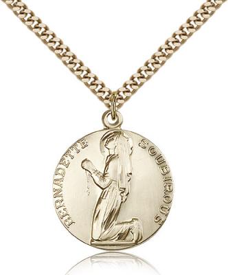 Gold Filled St. Bernadette Pendant, Stainless Gold Heavy Curb Chain, 1" x 7/8"