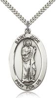 Sterling Silver St. Jude Pendant, Stainless Silver Heavy Curb Chain, 1 5/8" x 1"