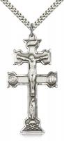 Sterling Silver Caravaca Crucifix Pendant, Stainless Silver Heavy Curb Chain, 2" x 1"