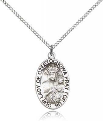Sterling Silver Our Lady of Czestochowa Pendant, Sterling Silver Lite Curb Chain, 7/8" x 1/2"