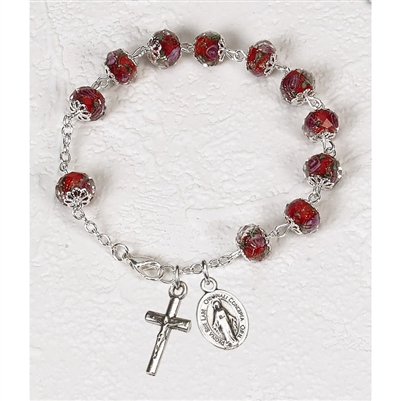 Red Crystal Rosary Bracelet with Pink Rose Painted Beads 108-16-5012