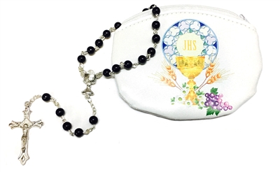First Communion Rosary Pouch with Black Bead Rosary Set 108-20-7501