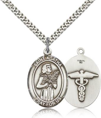 Sterling Silver St. Agatha Pendant, Stainless Silver Heavy Curb Chain, Large Size Catholic Medal, 1" x 3/4"
