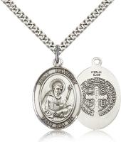 Sterling Silver St. Benedict Pendant, Stainless Silver Heavy Curb Chain, Large Size Catholic Medal, 1" x 3/4"