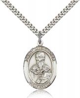 Sterling Silver St. Alexander Sauli Pendant, Stainless Silver Heavy Curb Chain, Large Size Catholic Medal, 1" x 3/4"