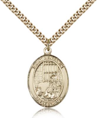 Gold Filled St. Benjamin Pendant, Stainless Gold Heavy Curb Chain, Large Size Catholic Medal, 1" x 3/4"